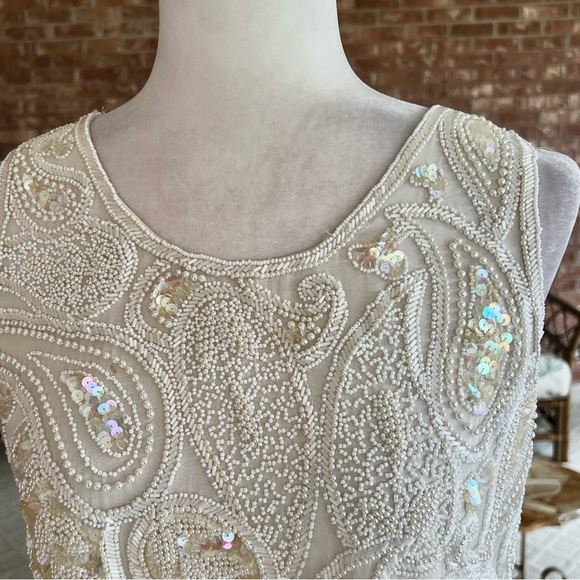 Nite Line Vintage Cream Pearl Sequin Beaded Fringe Top S - Picture 7 of 12